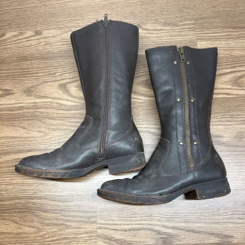 Born‎ Women Waters Brown Leather Zip Studded Moto Tall Boots Size 7 M Brown